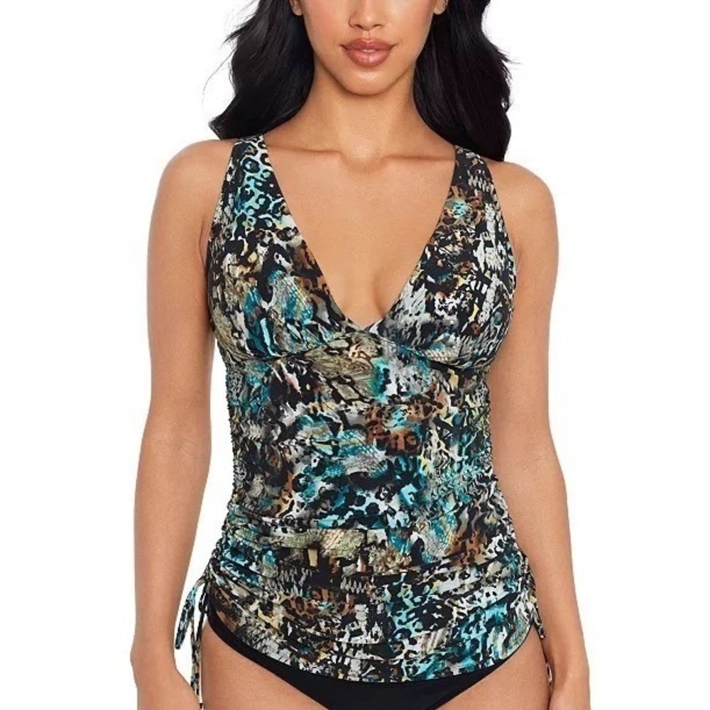 Magicsuit Women Animal Print Ruched Tankini Top Multi Color V-Neck 40168 Sz 10